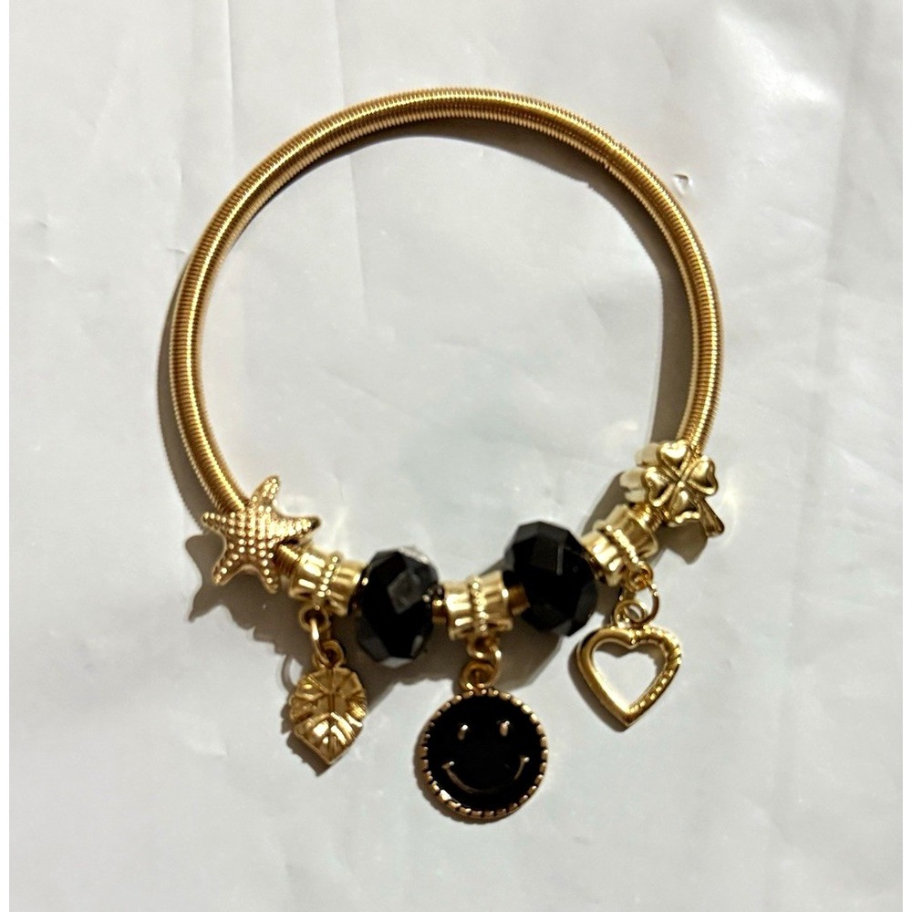 Gold Tone Metal Charm Bangle Bracelet w/ Heart, Starfish, Leaf & Black Bead